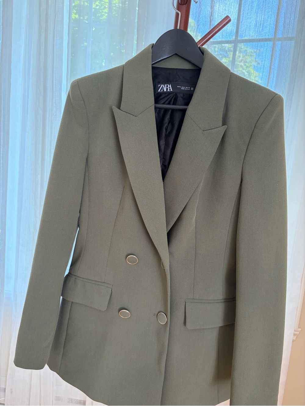 Zara Olive Green Double-Breasted Tailored Blazer